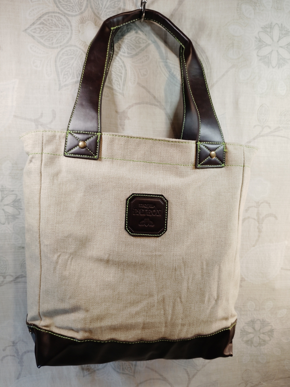Canvas Shoulder Tote in Beige with Dark Brown Trim